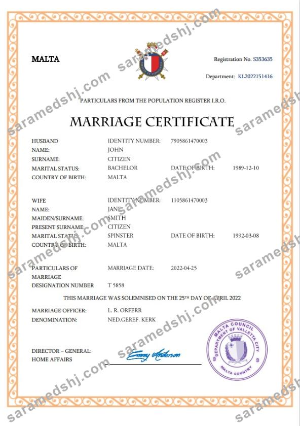 Malta marriage certificate Word and PDF template